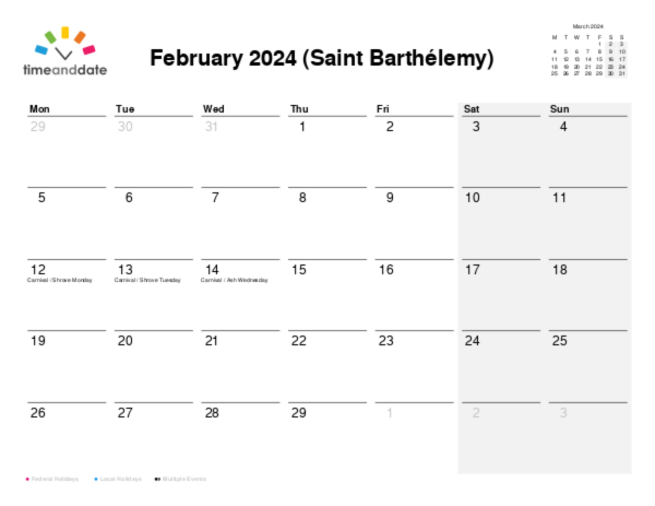 Calendar for 2024 in Saint Barthélemy
