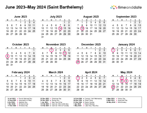 Calendar for 2023 in Saint Barthélemy