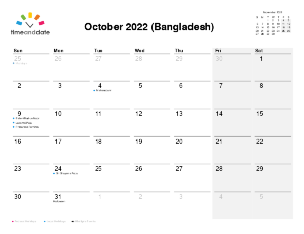 Calendar for 2022 in Bangladesh