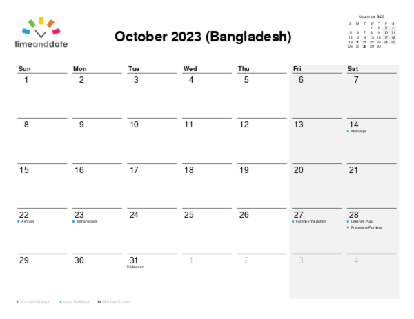 Calendar for 2023 in Bangladesh
