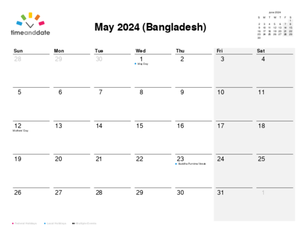 Calendar for 2024 in Bangladesh
