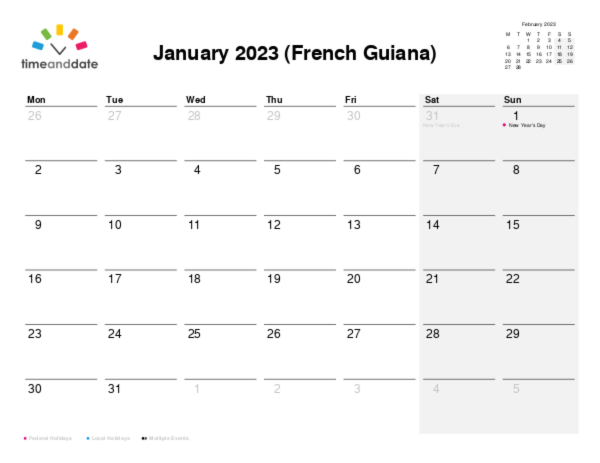 Calendar for 2023 in French Guiana