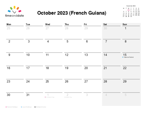 Calendar for 2023 in French Guiana