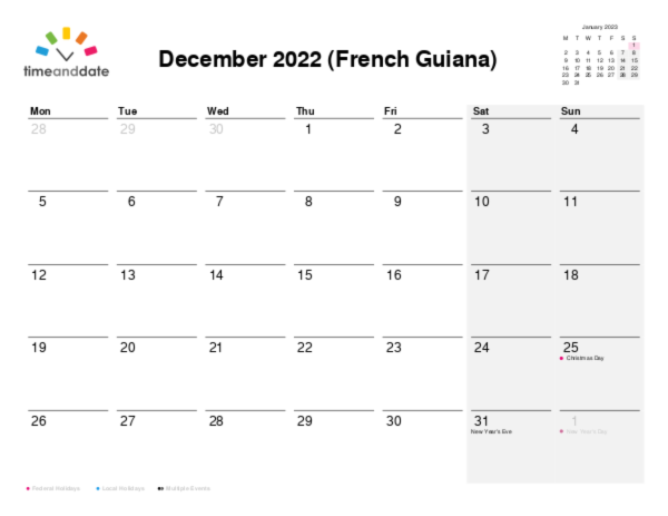 Calendar for 2022 in French Guiana
