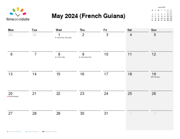 Calendar for 2024 in French Guiana