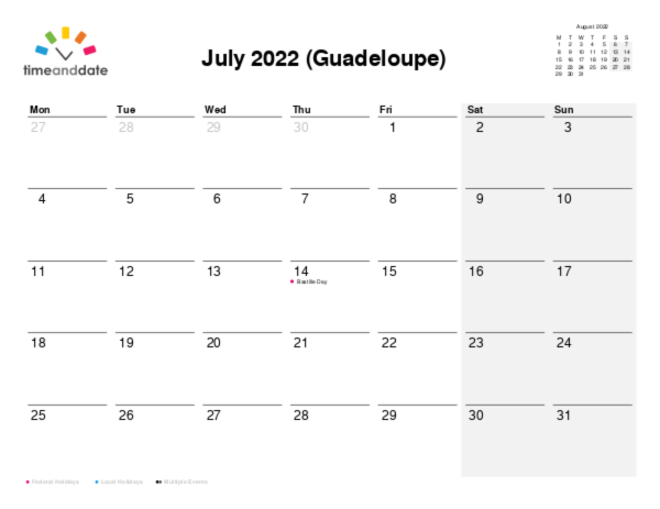 Calendar for 2022 in Guadeloupe