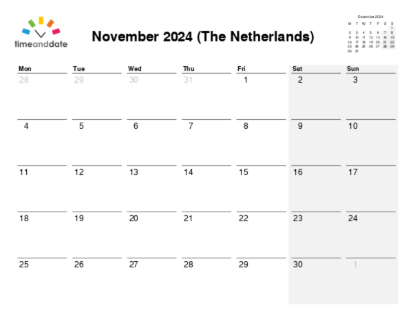Calendar for 2024 in The Netherlands