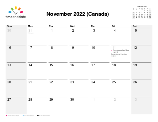 Calendar for 2022 in Canada