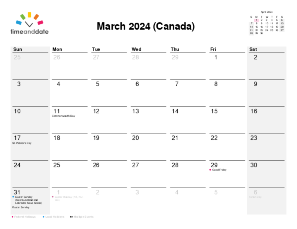 Calendar for 2024 in Canada