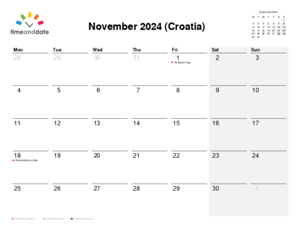 Calendar for 2024 in Croatia
