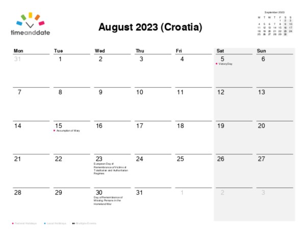 Calendar for 2023 in Croatia