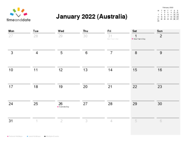 Calendar for 2022 in Australia