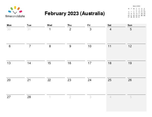 Calendar for 2023 in Australia