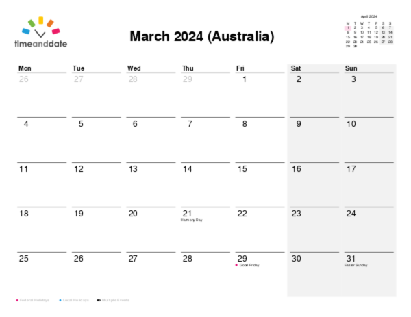 Calendar for 2024 in Australia