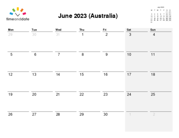 Calendar for 2023 in Australia