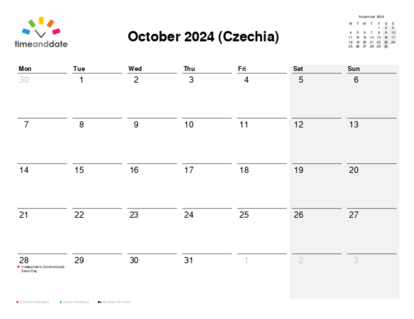 Calendar for 2024 in Czechia