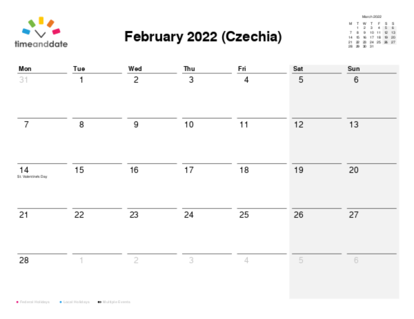 Calendar for 2022 in Czechia