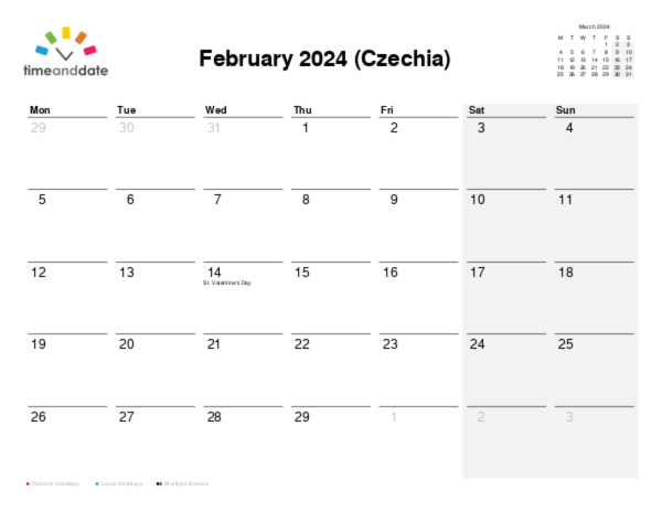 Calendar for 2024 in Czechia