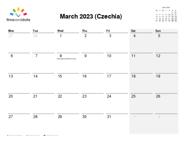 Calendar for 2023 in Czechia