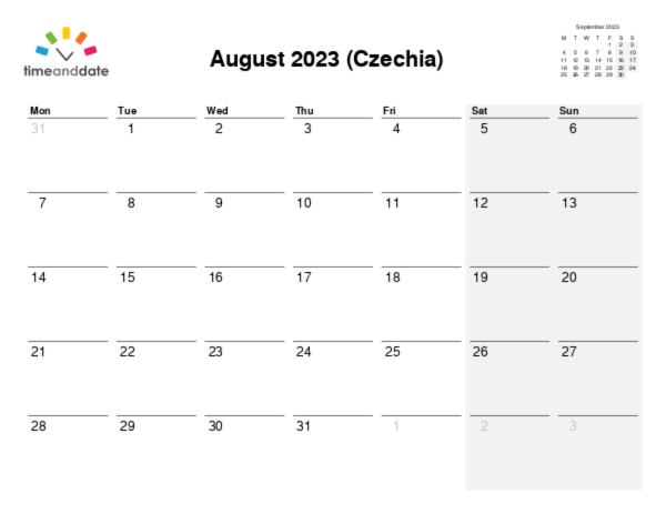 Calendar for 2023 in Czechia