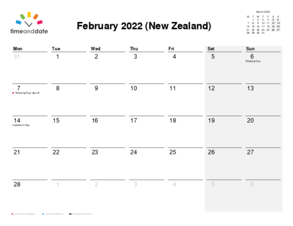 Calendar for 2022 in New Zealand