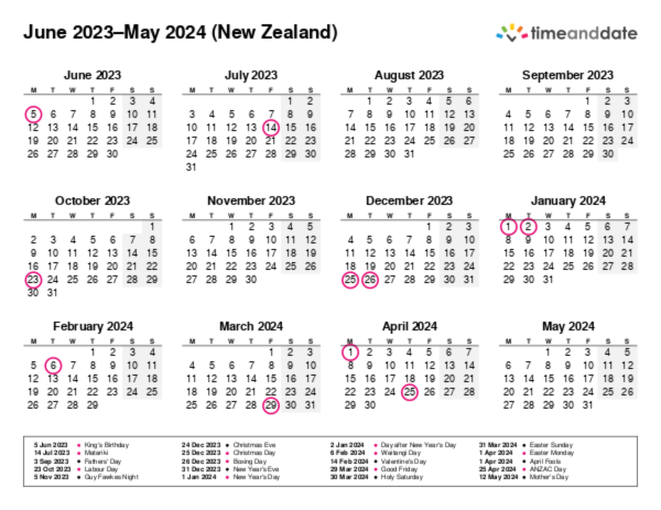 Calendar for 2023 in New Zealand