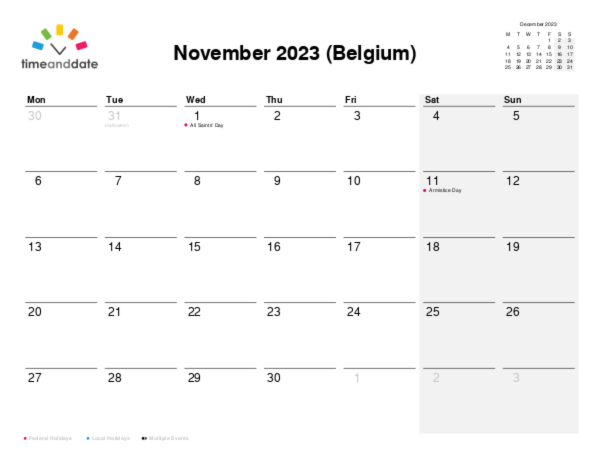 Calendar for 2023 in Belgium