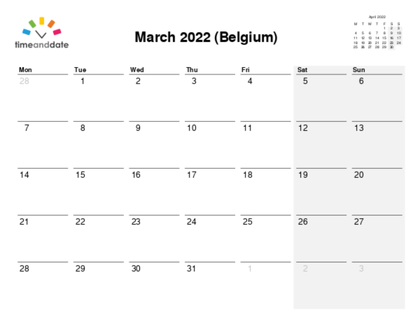 Calendar for 2022 in Belgium