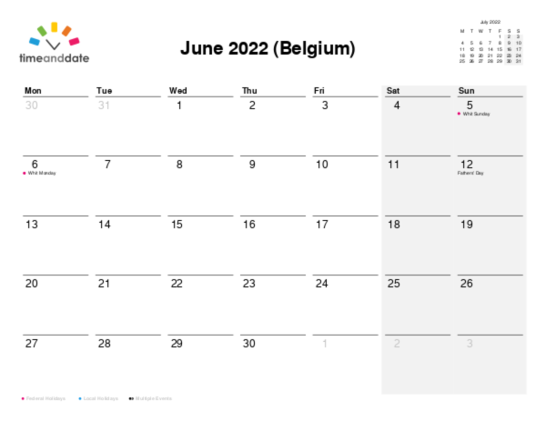 Calendar for 2022 in Belgium