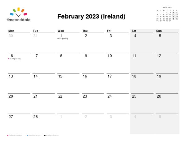 Calendar for 2023 in Ireland