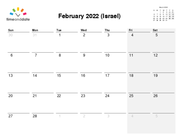Calendar for 2022 in Israel