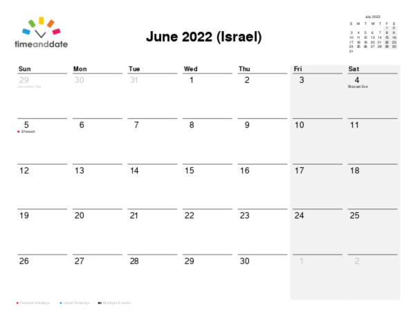 Calendar for 2022 in Israel