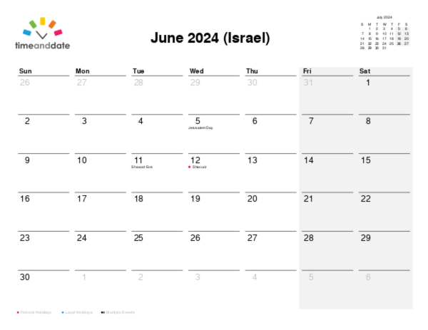 Calendar for 2024 in Israel