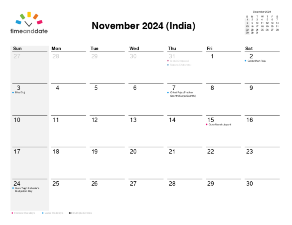 Calendar for 2024 in India