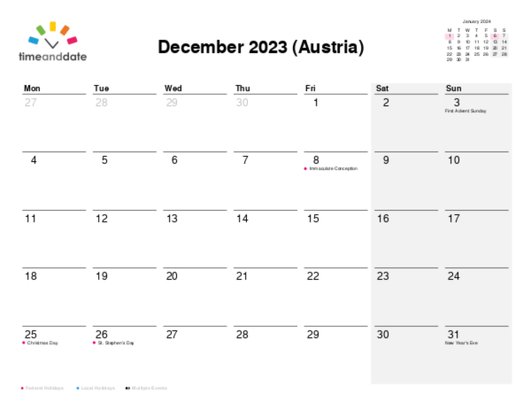 Calendar for 2023 in Austria