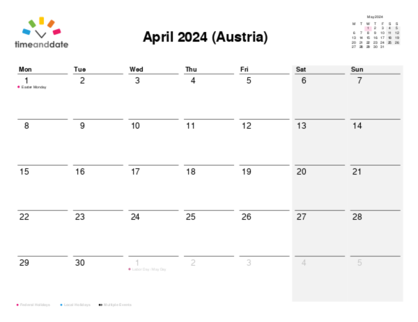 Calendar for 2024 in Austria