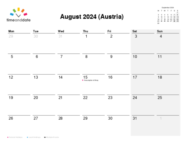Calendar for 2024 in Austria
