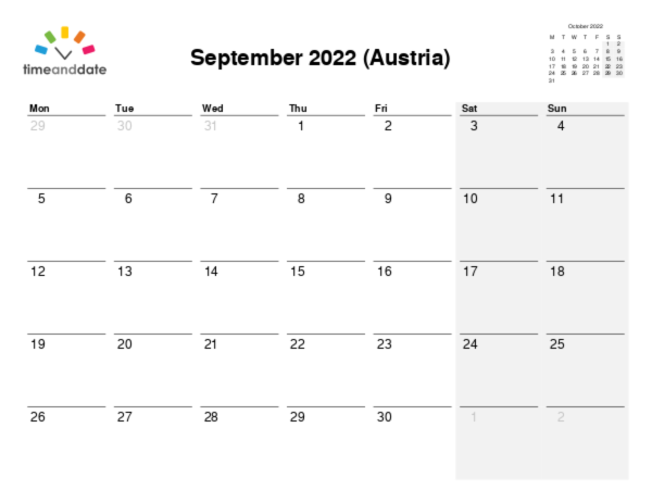 Calendar for 2022 in Austria