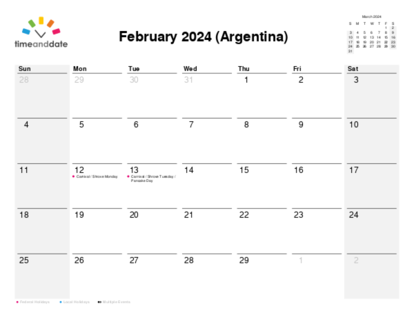 Calendar for 2024 in Argentina