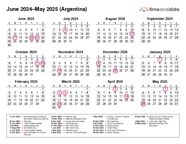 Calendar for 2024 in Argentina