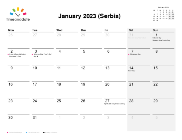 Calendar for 2023 in Serbia
