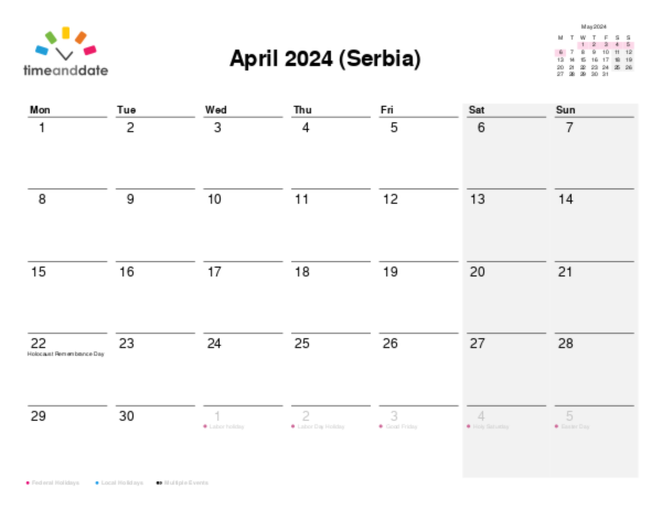 Calendar for 2024 in Serbia