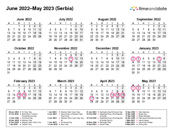 Calendar for 2022 in Serbia