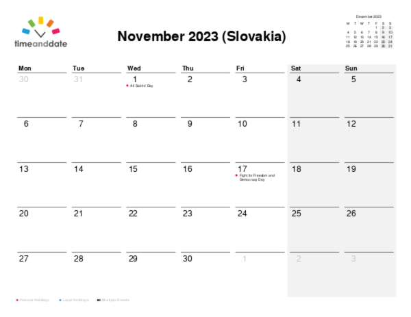 Calendar for 2023 in Slovakia