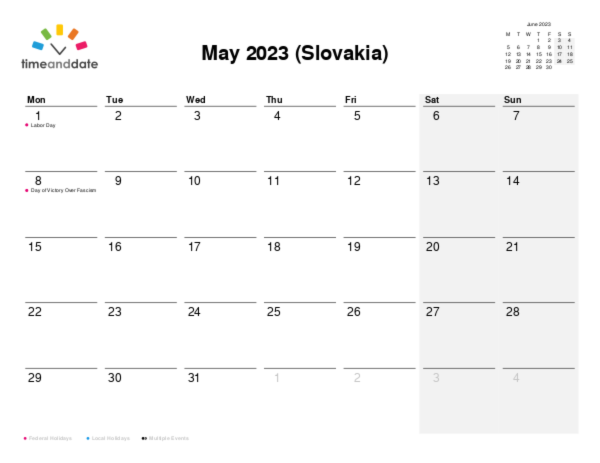 Calendar for 2023 in Slovakia