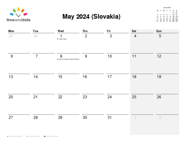 Calendar for 2024 in Slovakia