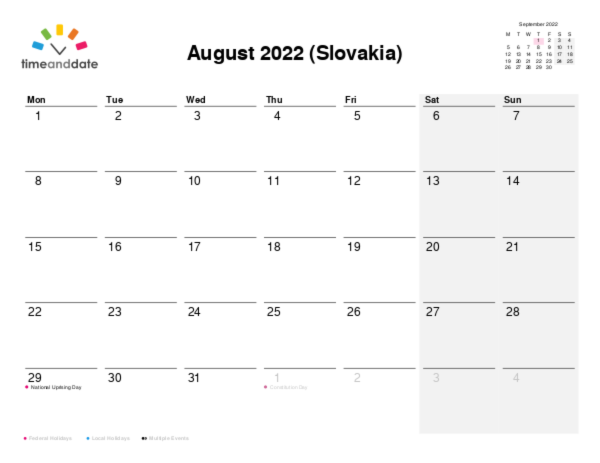 Calendar for 2022 in Slovakia