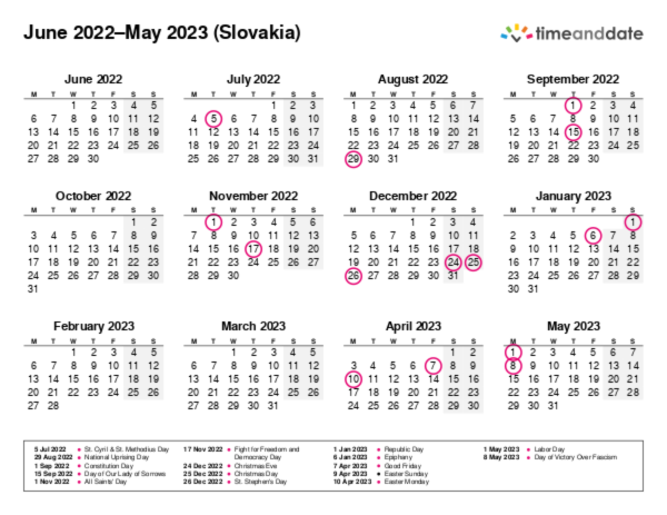 Calendar for 2022 in Slovakia