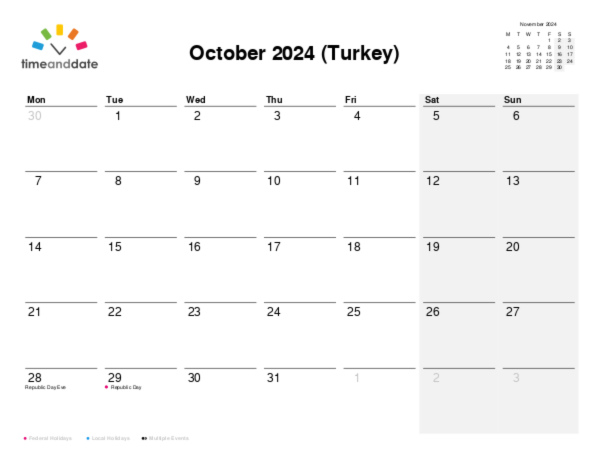 Calendar for 2024 in Turkey