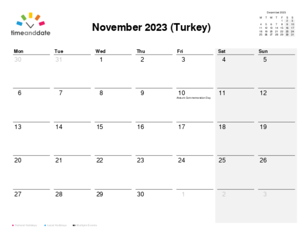 Calendar for 2023 in Turkey